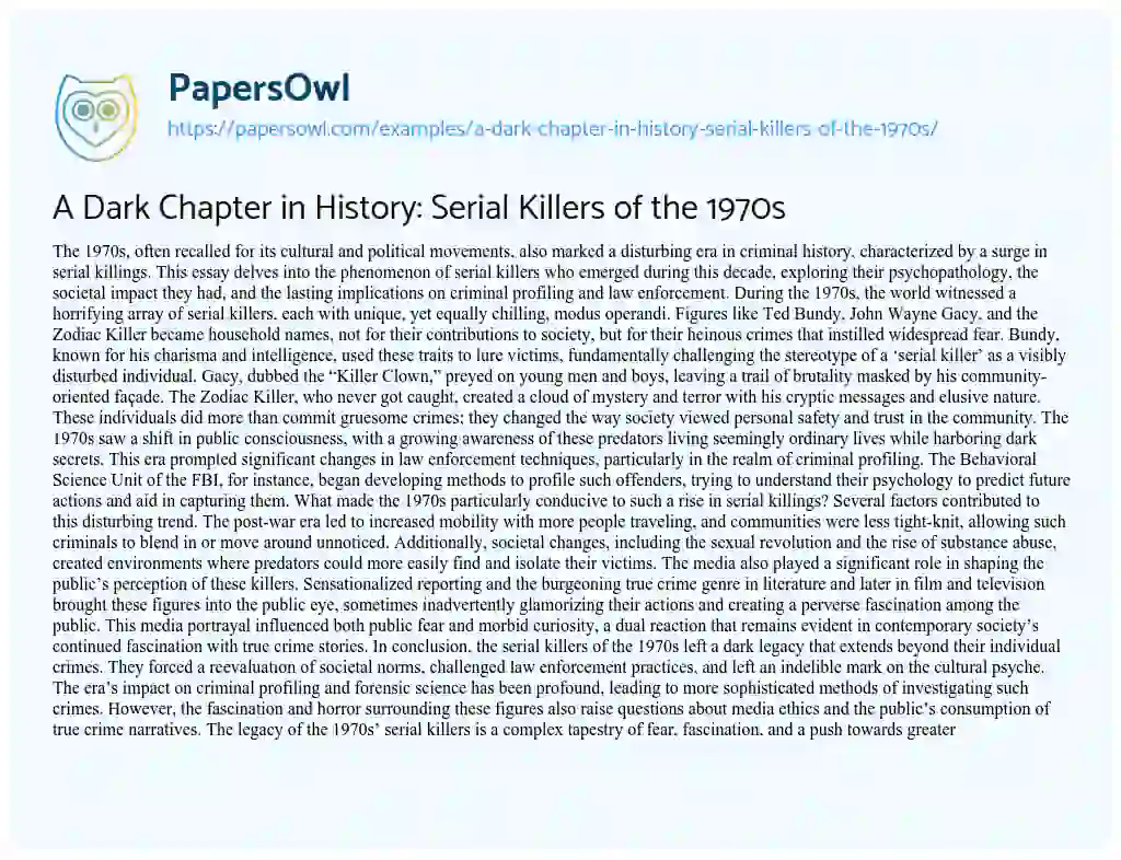 Essay on A Dark Chapter in History: Serial Killers of the 1970s