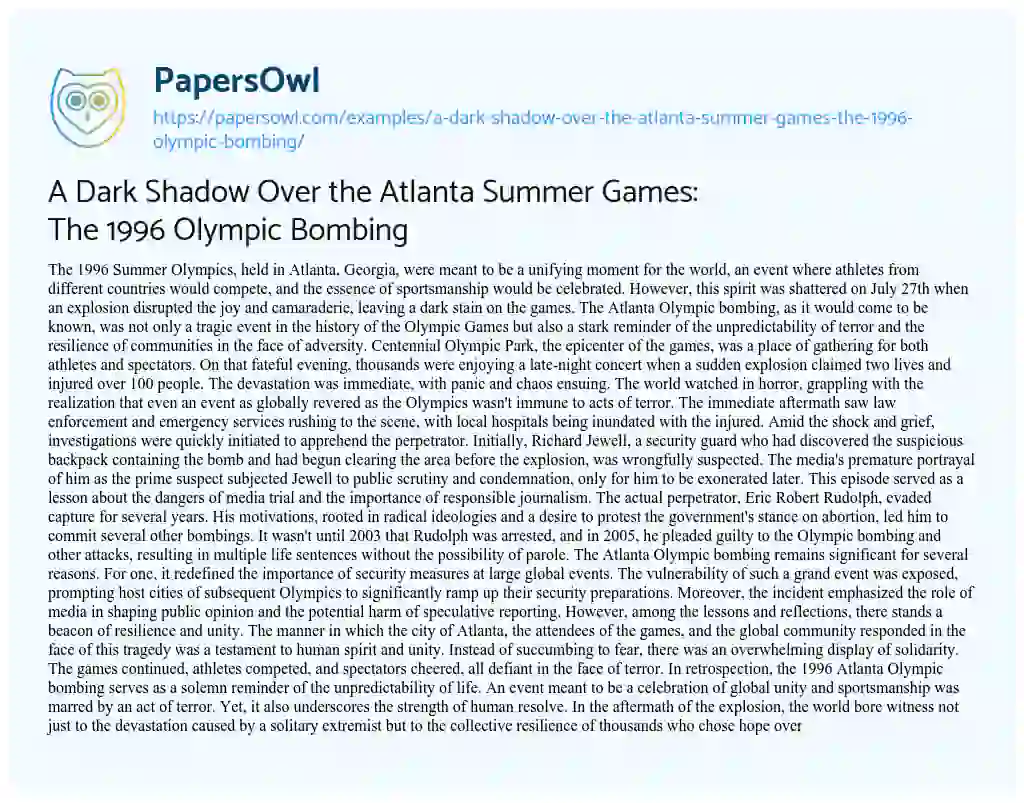 Essay on A Dark Shadow over the Atlanta Summer Games: the 1996 Olympic Bombing