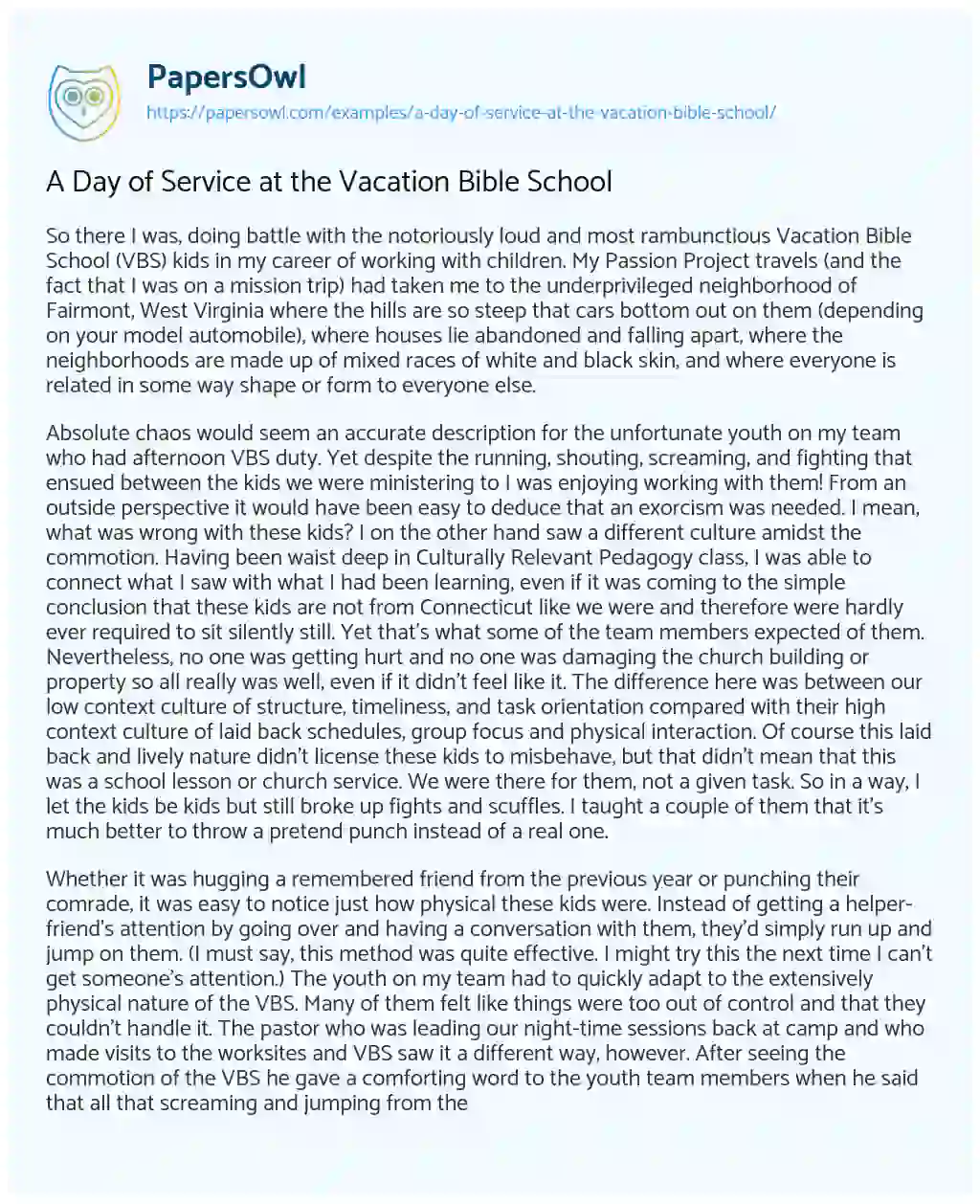 Essay on A Day of Service at the Vacation Bible School