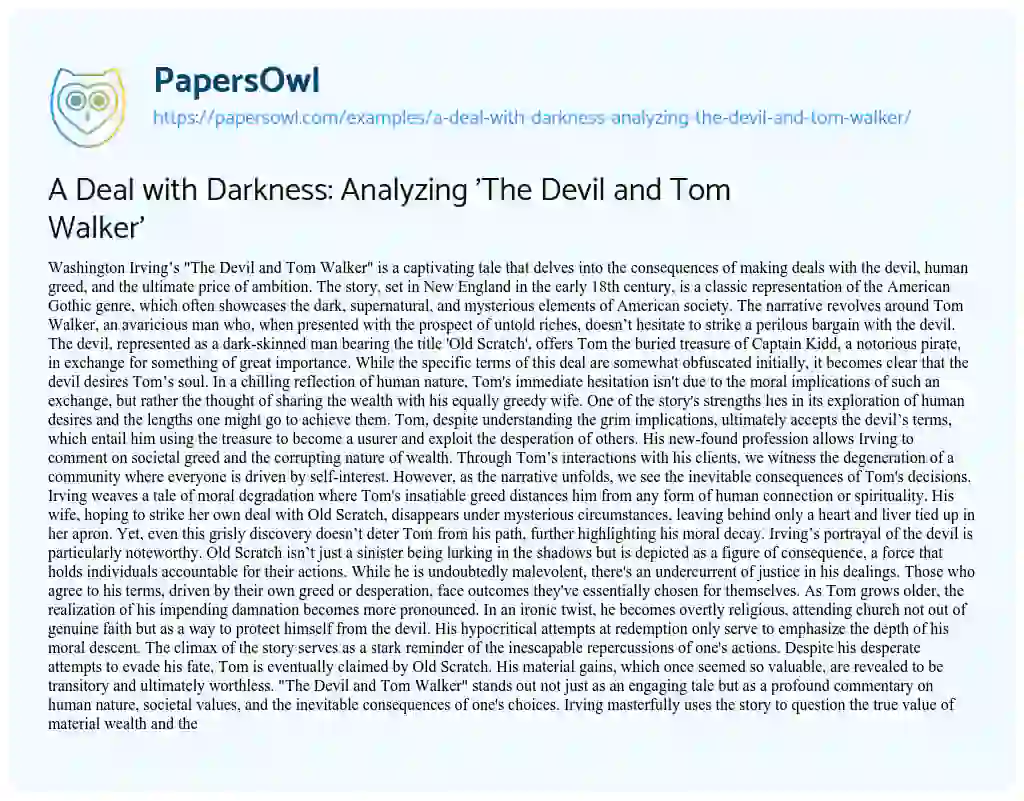 Essay on A Deal with Darkness: Analyzing ‘The Devil and Tom Walker’