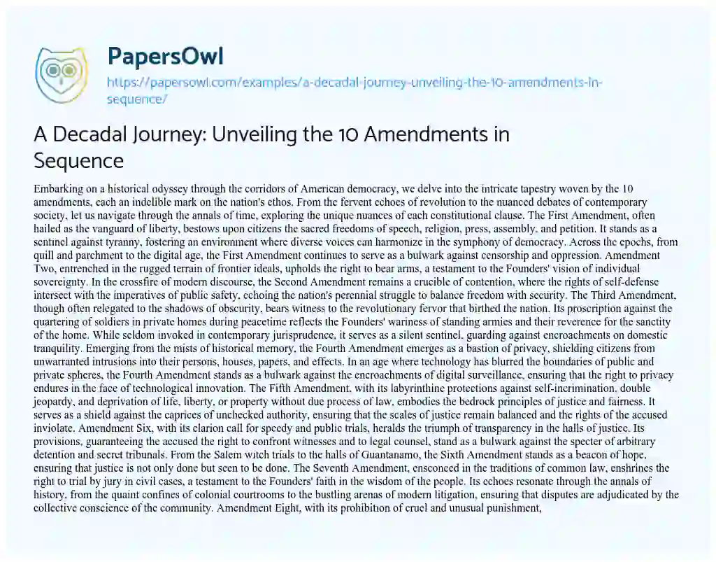Essay on A Decadal Journey: Unveiling the 10 Amendments in Sequence