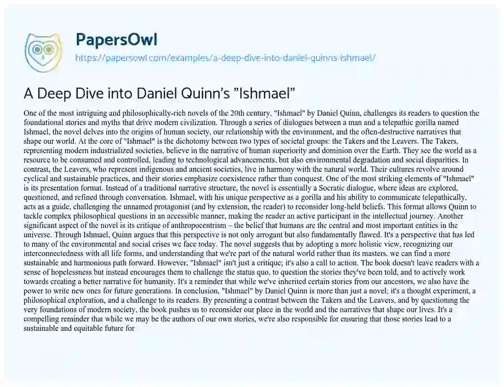 Essay on A Deep Dive into Daniel Quinn’s “Ishmael”