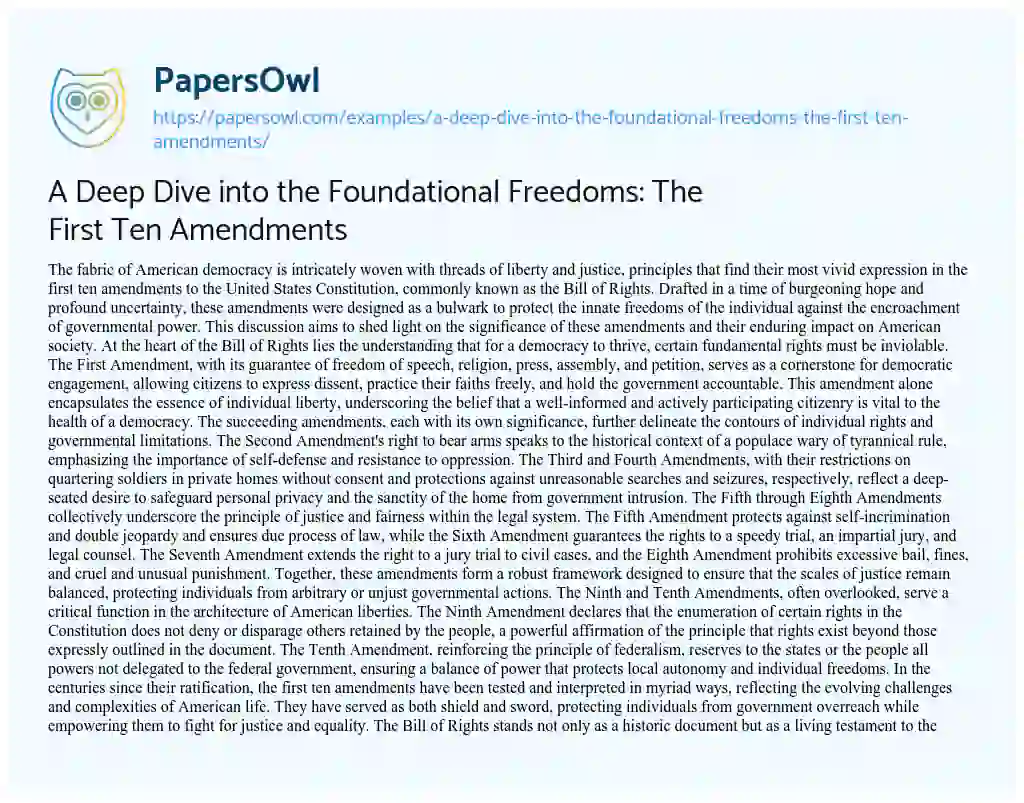 Essay on A Deep Dive into the Foundational Freedoms: the First Ten Amendments