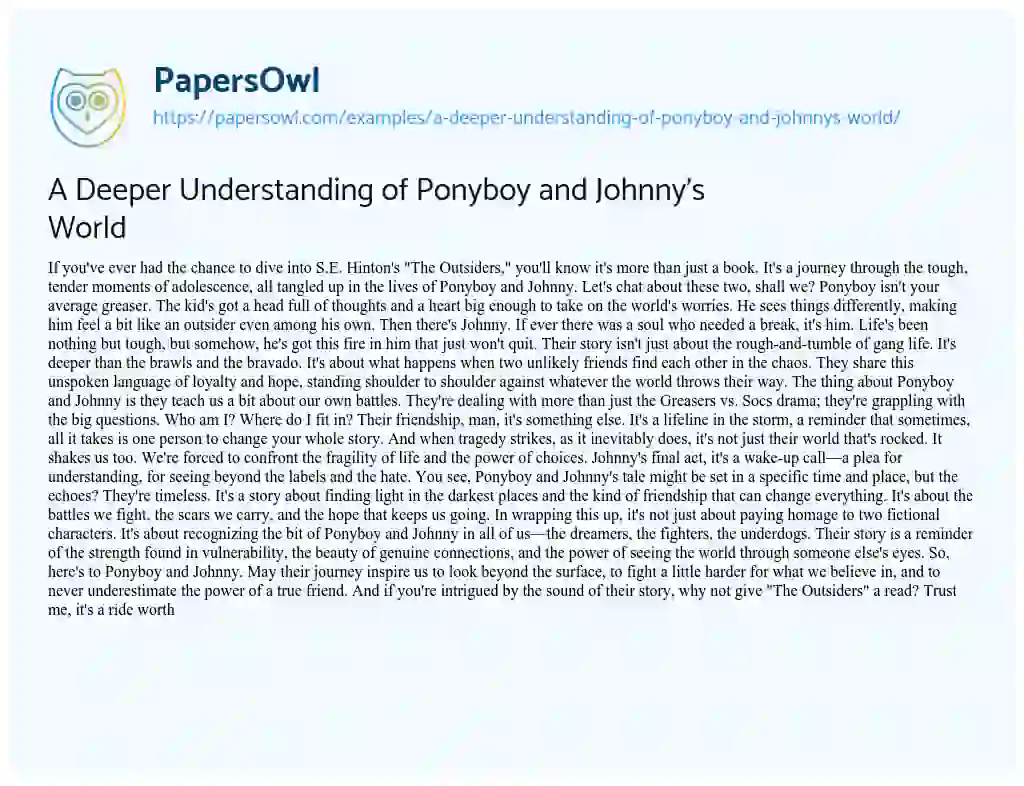 Essay on A Deeper Understanding of Ponyboy and Johnny’s World