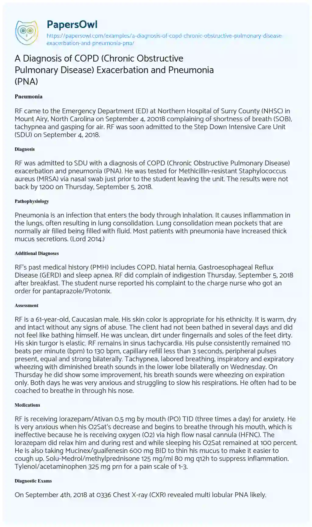 Essay on A Diagnosis of COPD (Chronic Obstructive Pulmonary Disease) Exacerbation and Pneumonia (PNA)