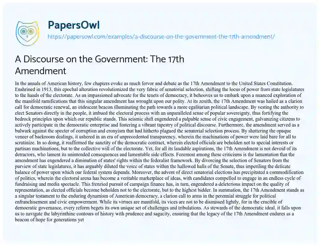 Essay on A Discourse on the Government: the 17th Amendment
