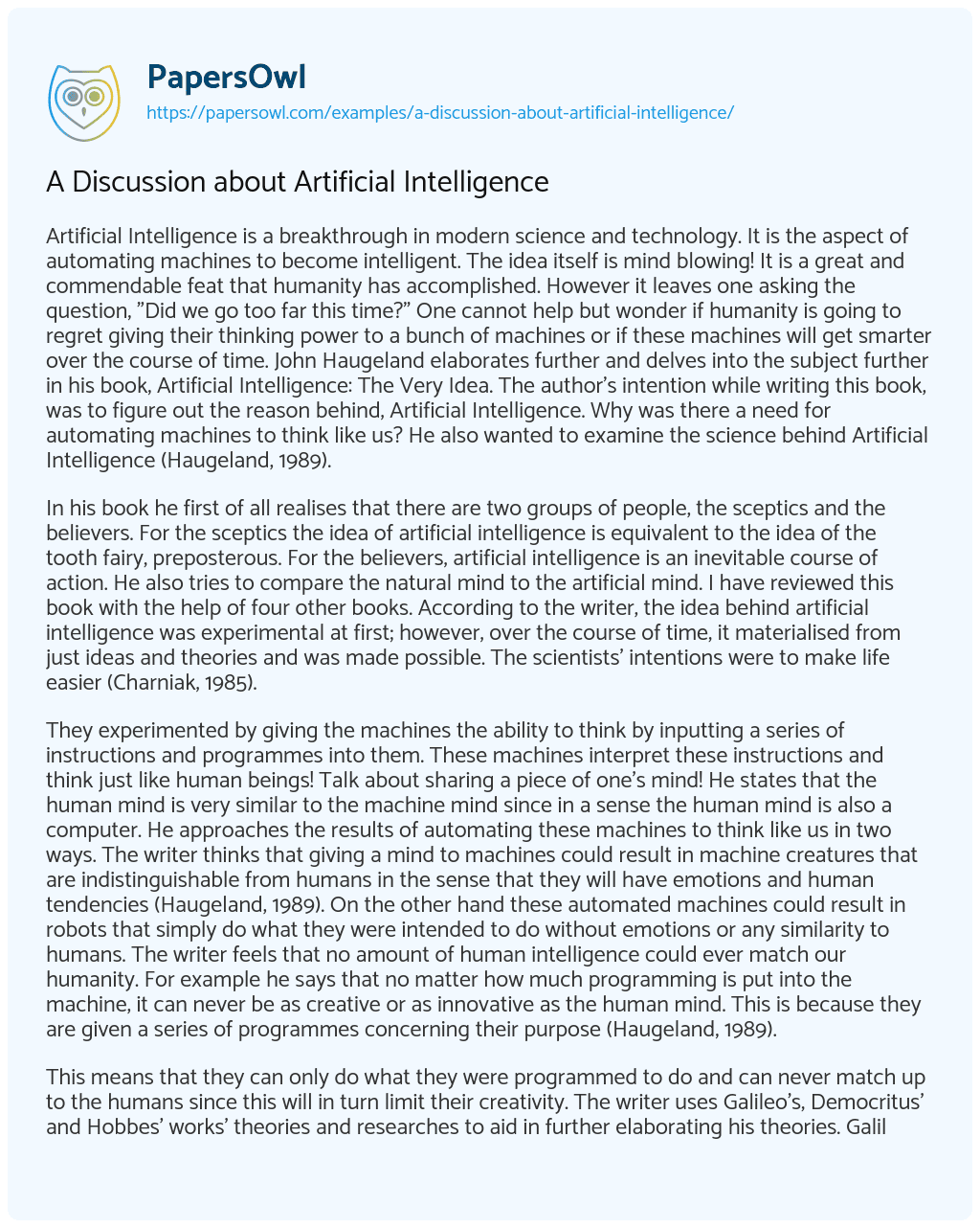 Essay on A Discussion about Artificial Intelligence