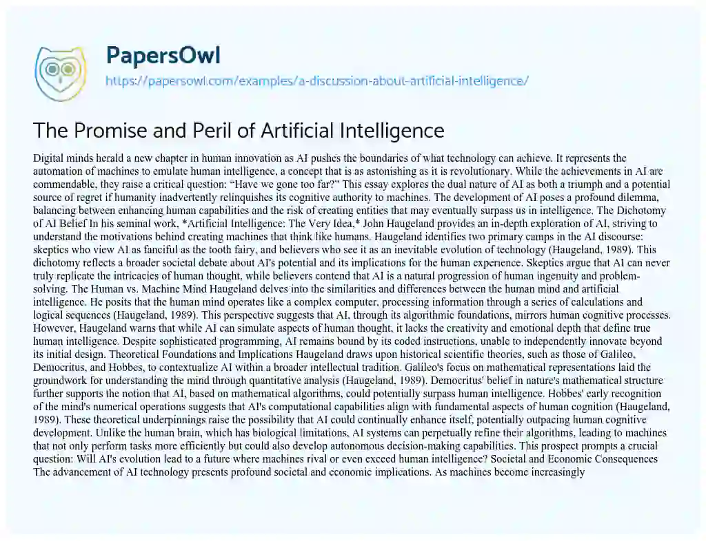 Essay on A Discussion about Artificial Intelligence