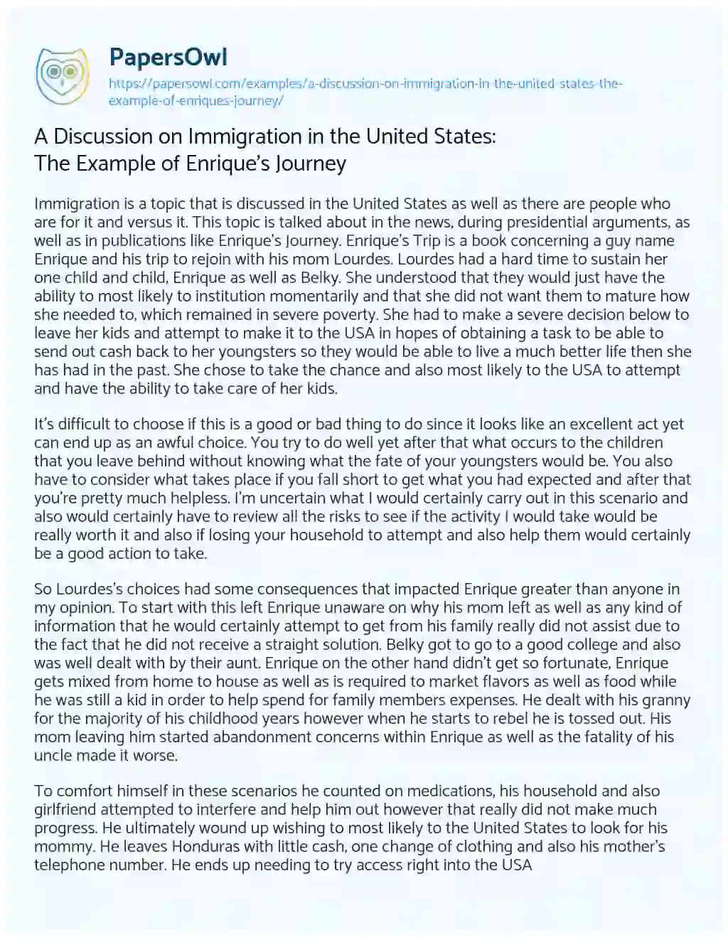 Essay on A Discussion on Immigration in the United States: the Example of Enrique’s Journey