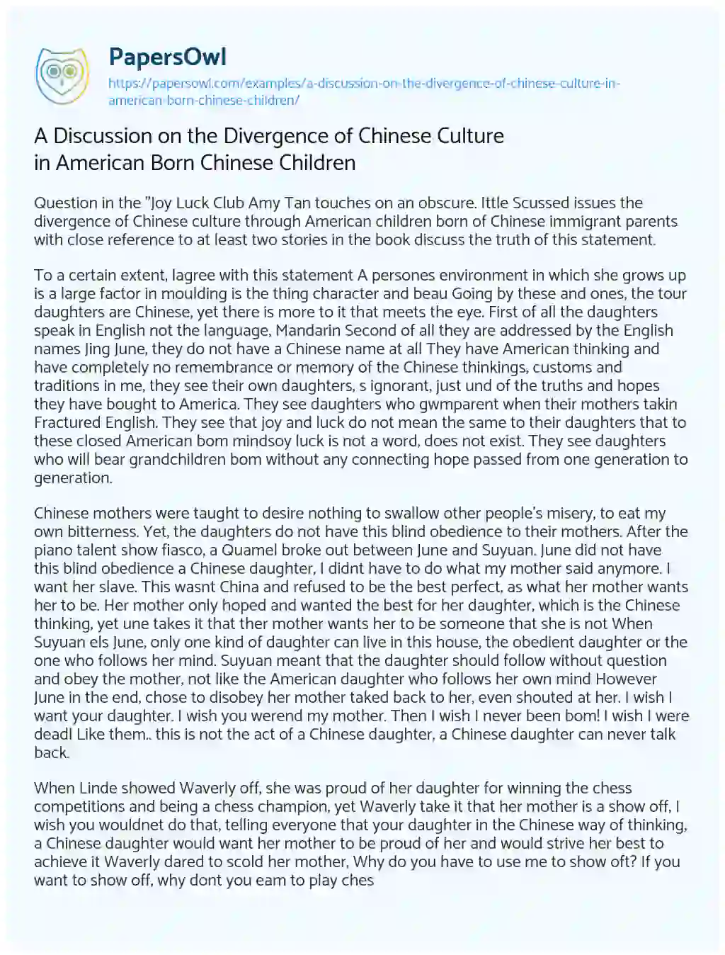 Essay on A Discussion on the Divergence of Chinese Culture in American Born Chinese Children