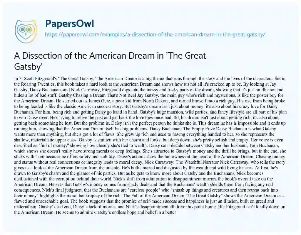 Essay on A Dissection of the American Dream in ‘The Great Gatsby’