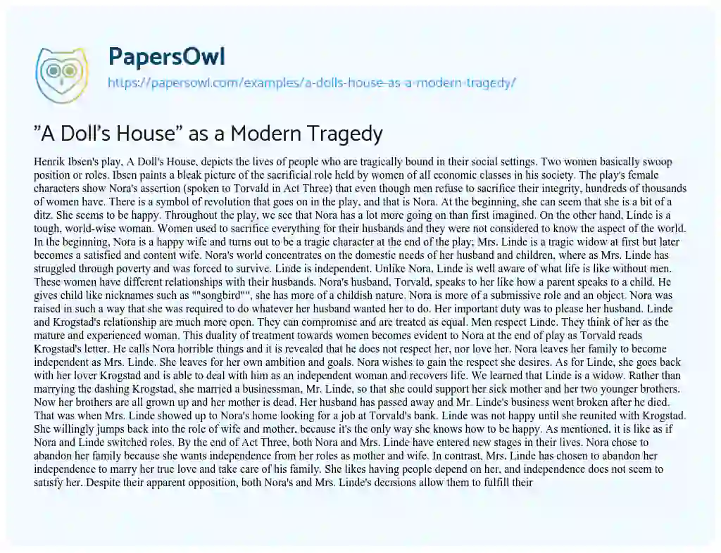 Essay on “A Doll’s House” as a Modern Tragedy