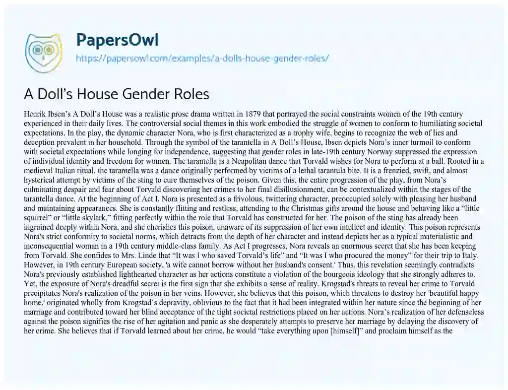 A Doll’s House Gender Roles essay