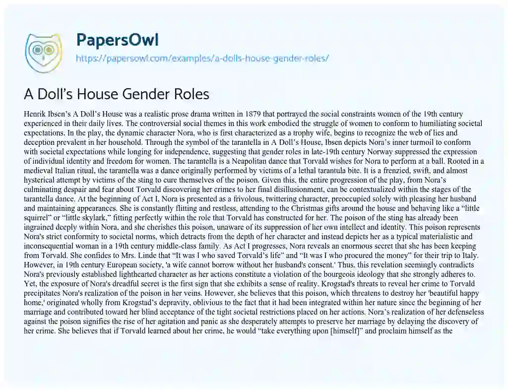 Essay on A Doll’s House Gender Roles