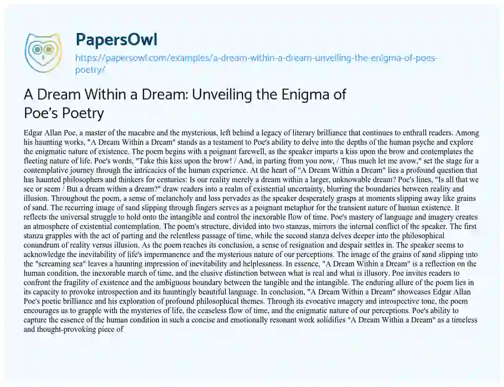 Essay on A Dream Within a Dream: Unveiling the Enigma of Poe’s Poetry