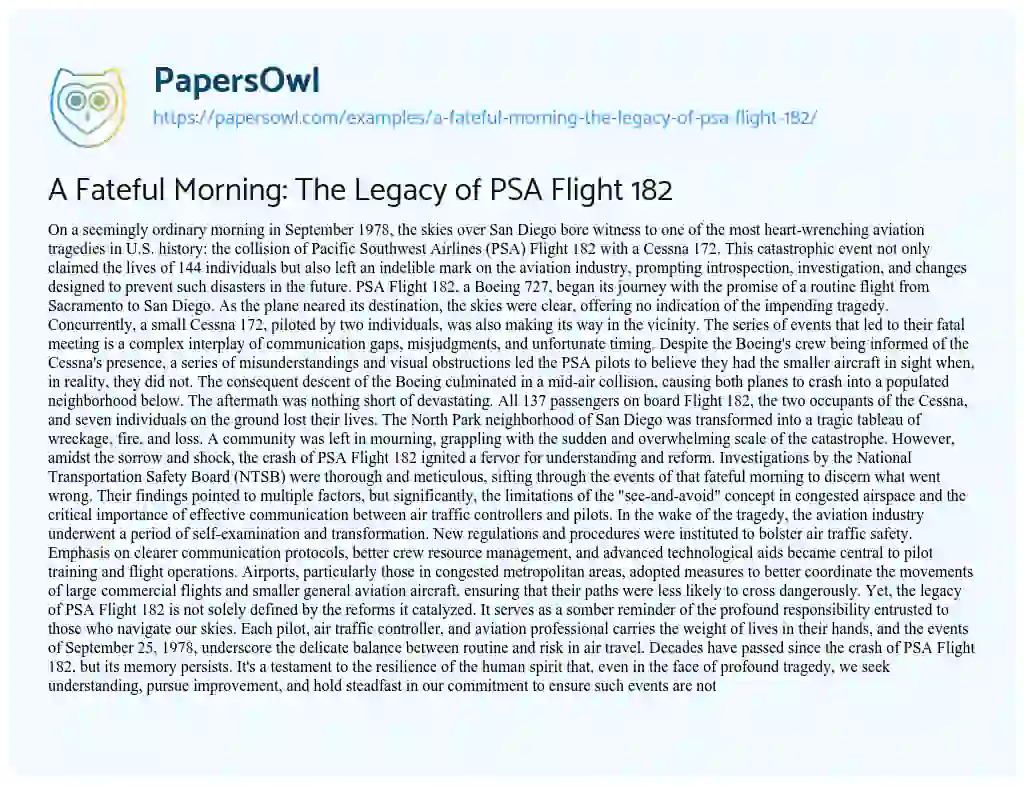 Essay on A Fateful Morning: the Legacy of PSA Flight 182