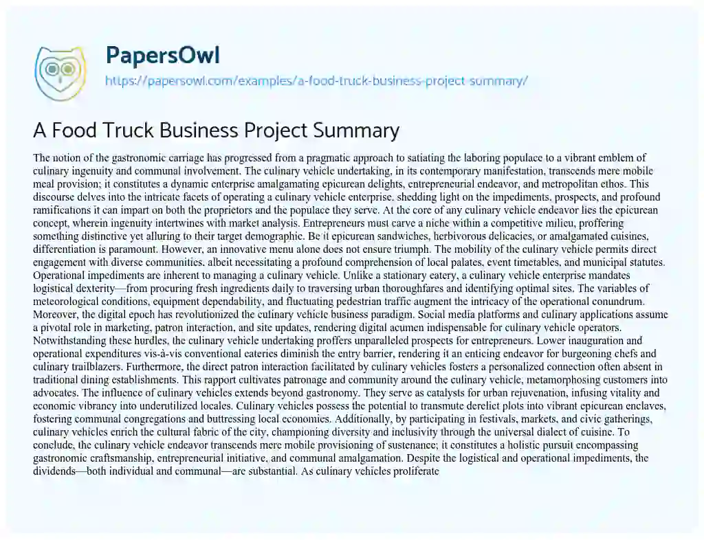 Essay on A Food Truck Business Project Summary