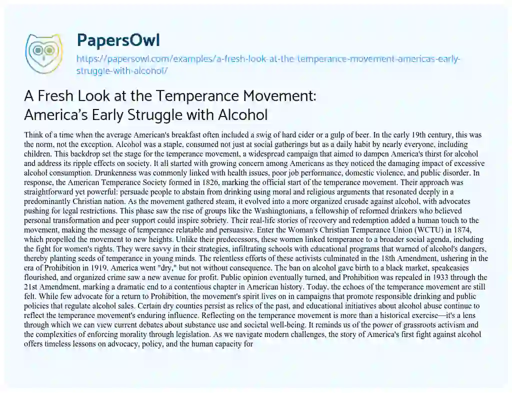 Essay on A Fresh Look at the Temperance Movement: America’s Early Struggle with Alcohol