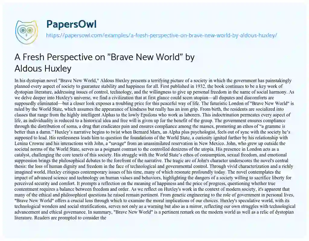 Essay on A Fresh Perspective on “Brave New World” by Aldous Huxley