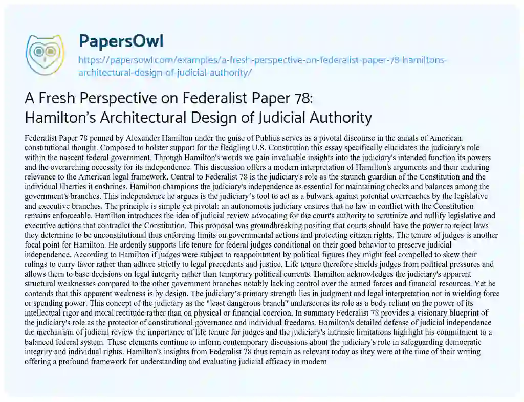 Essay on A Fresh Perspective on Federalist Paper 78: Hamilton’s Architectural Design of Judicial Authority