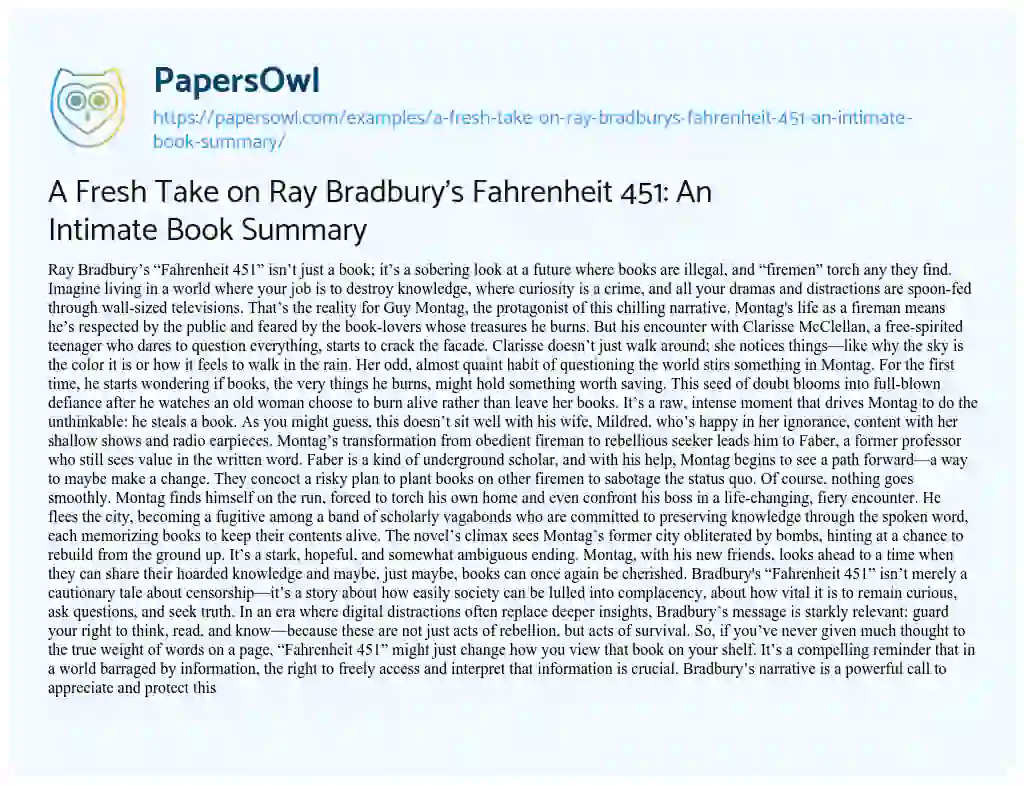 Essay on A Fresh Take on Ray Bradbury’s Fahrenheit 451: an Intimate Book Summary