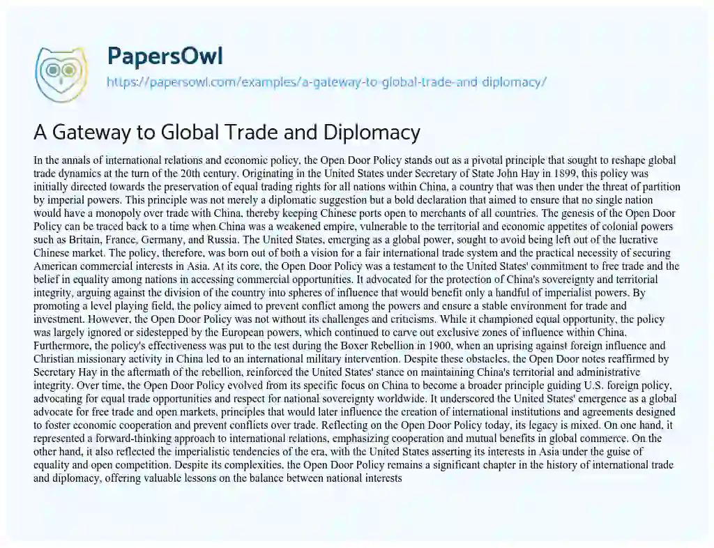 Essay on A Gateway to Global Trade and Diplomacy