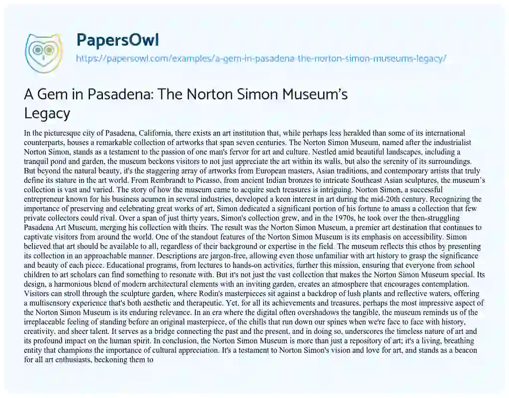 Essay on A Gem in Pasadena: the Norton Simon Museum’s Legacy