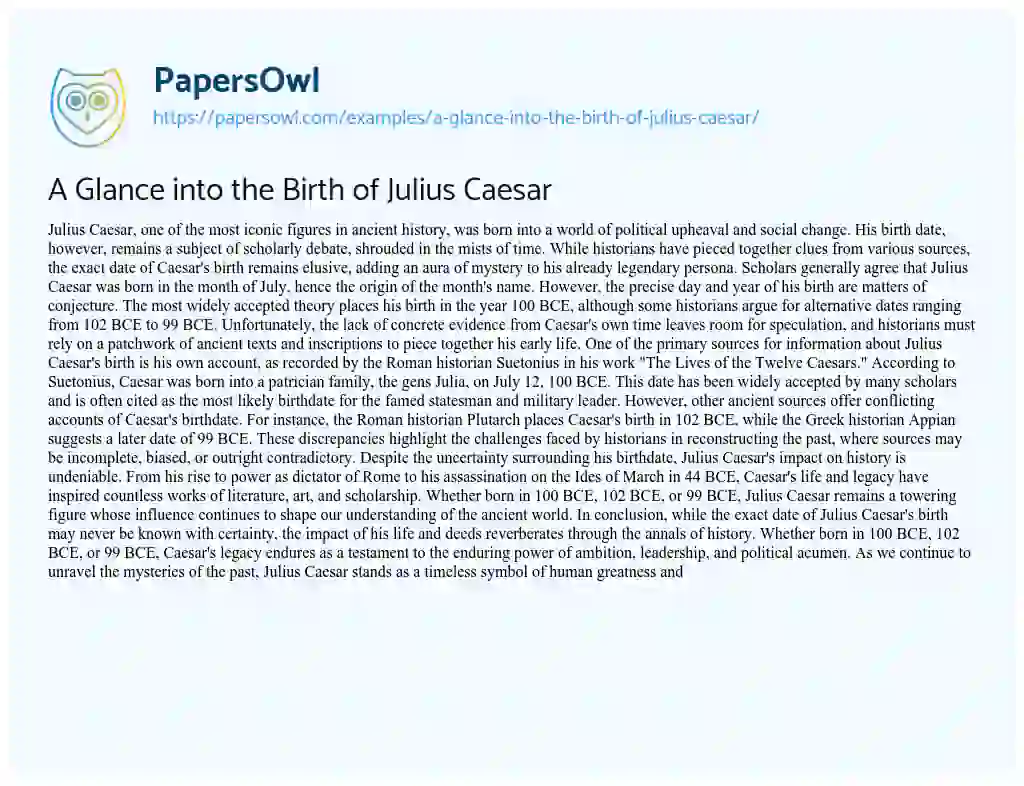 Essay on A Glance into the Birth of Julius Caesar