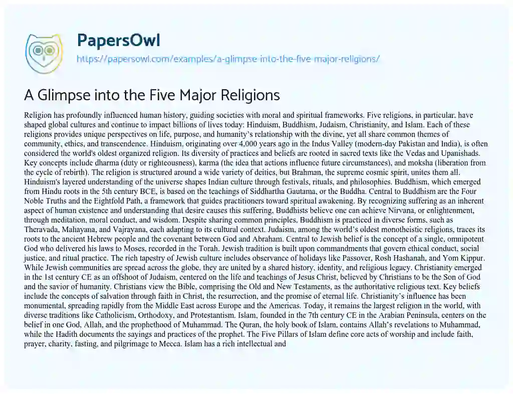 Essay on A Glimpse into the Five Major Religions
