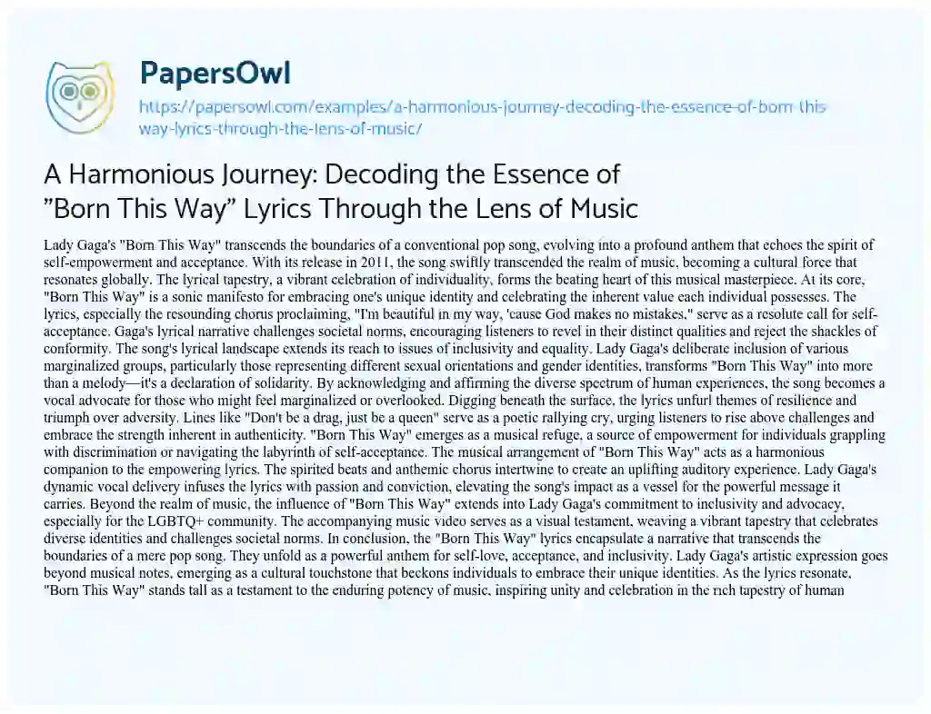 Essay on A Harmonious Journey: Decoding the Essence of “Born this Way” Lyrics through the Lens of Music