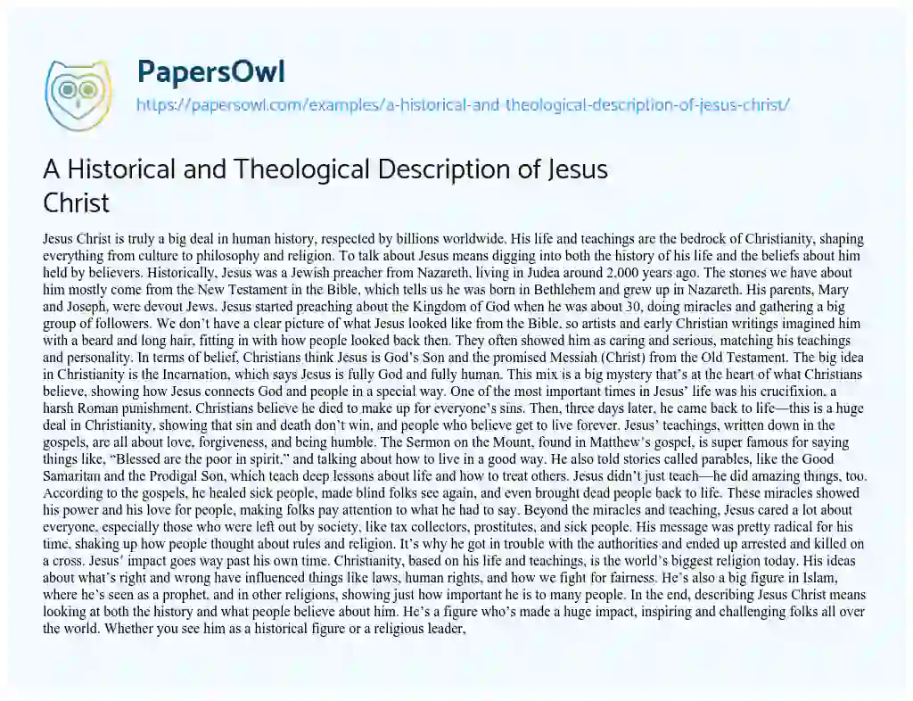 Essay on A Historical and Theological Description of Jesus Christ