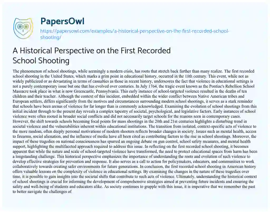 Essay on A Historical Perspective on the First Recorded School Shooting