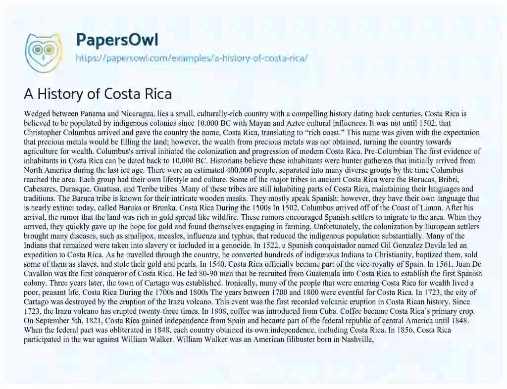 Essay on A History of Costa Rica