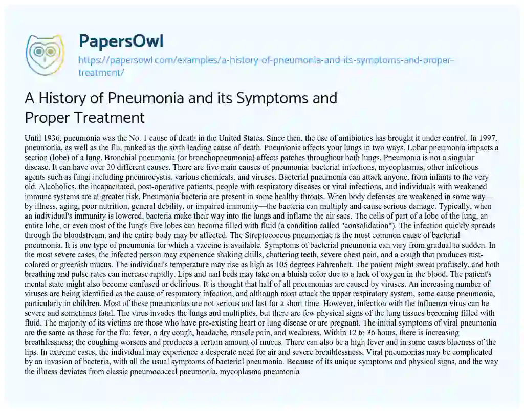 A History of Pneumonia and its Symptoms and Proper Treatment essay