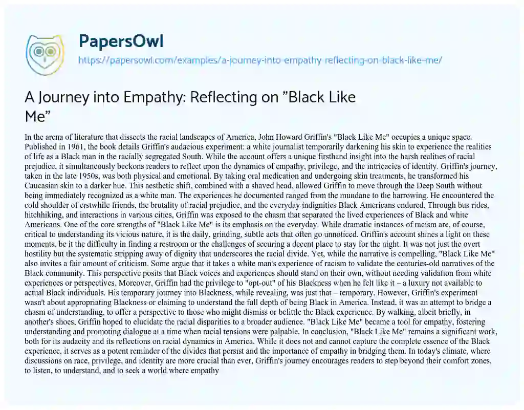 Essay on A Journey into Empathy: Reflecting on “Black Like Me”