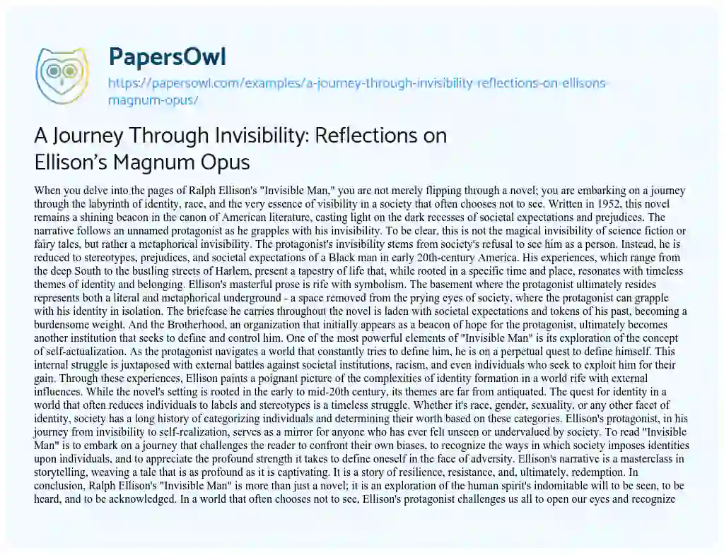 Essay on A Journey through Invisibility: Reflections on Ellison’s Magnum Opus