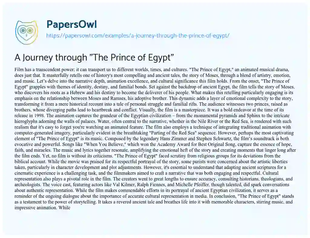 Essay on A Journey through “The Prince of Egypt”