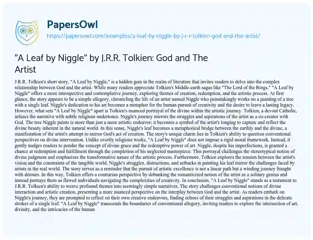 Essay on “A Leaf by Niggle” by J.R.R. Tolkien: God and the Artist