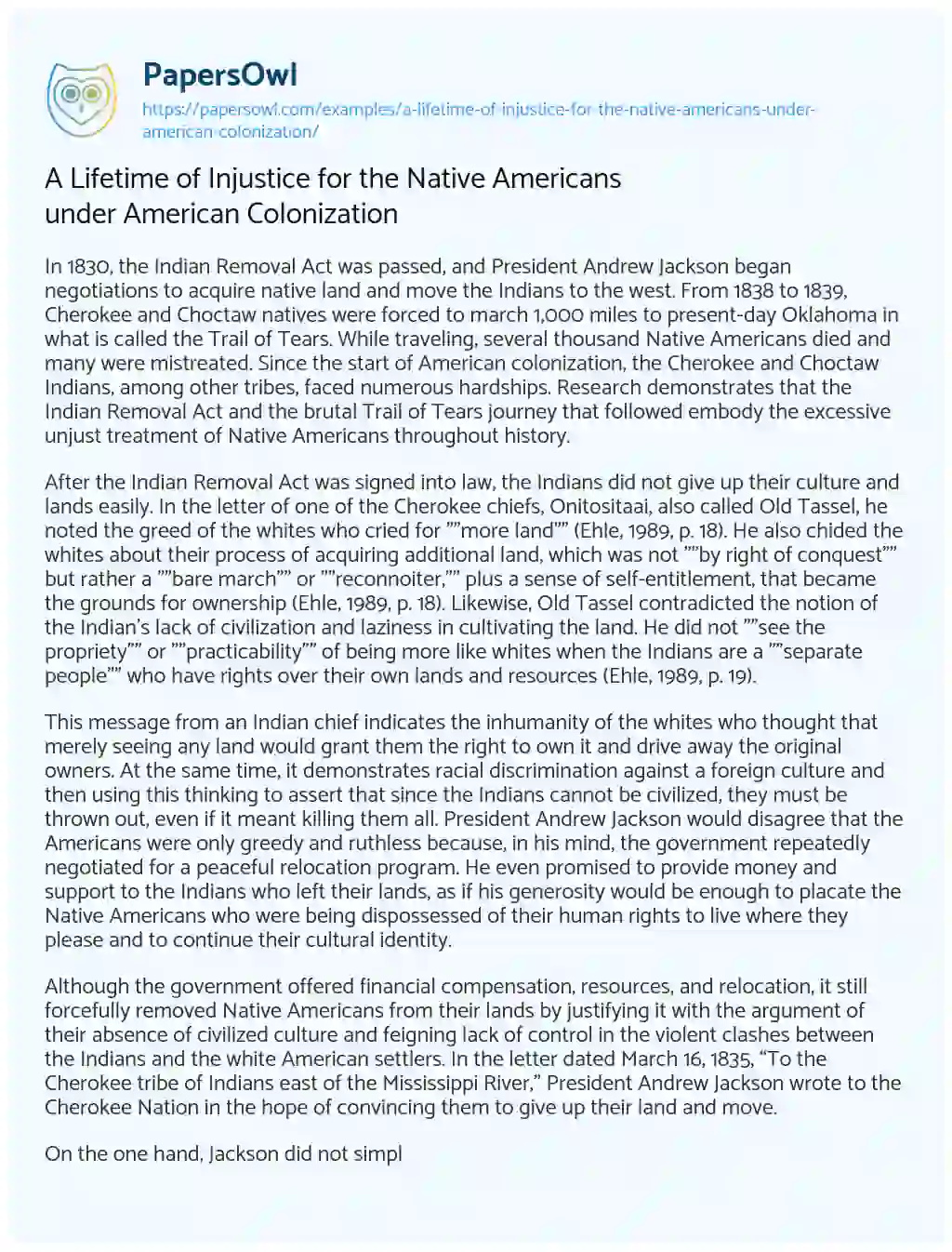 Essay on A Lifetime of Injustice for the Native Americans under American Colonization