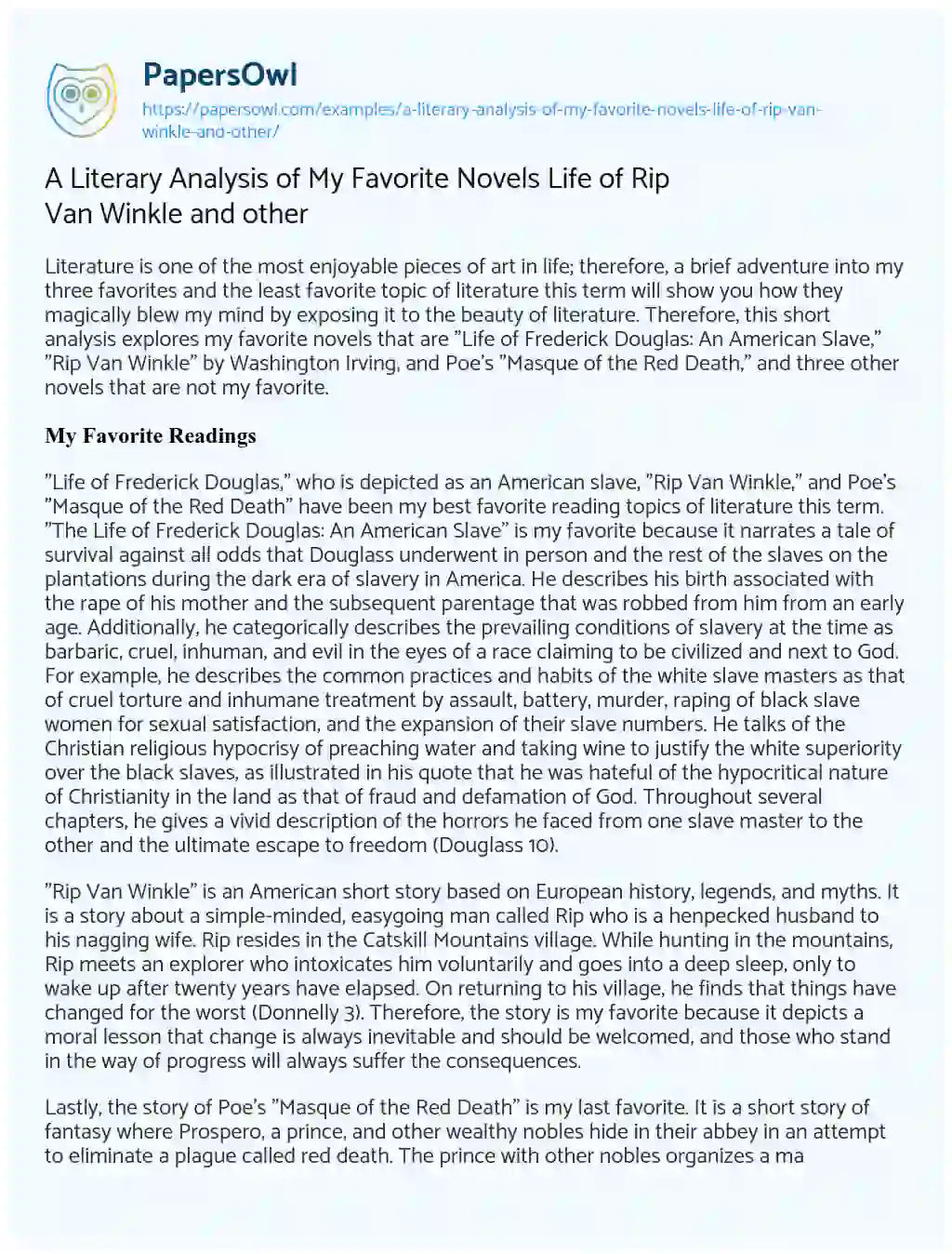 Essay on A Literary Analysis of my Favorite Novels Life of Rip Van Winkle and other