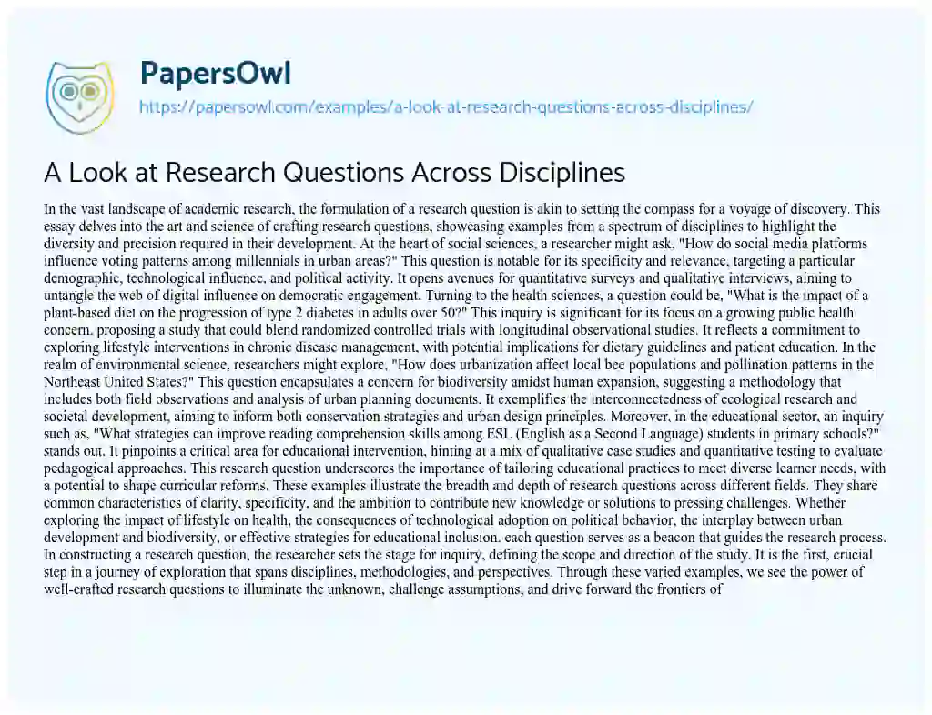 Essay on A Look at Research Questions Across Disciplines