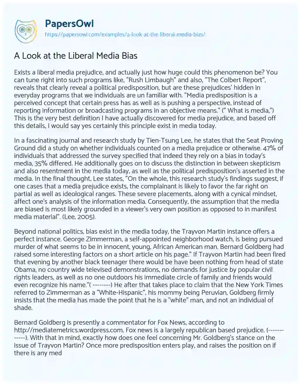 Essay on A Look at the Liberal Media Bias