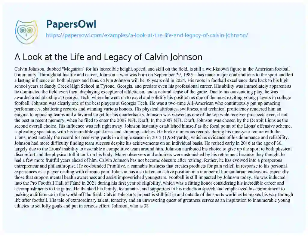 Essay on A Look at the Life and Legacy of Calvin Johnson