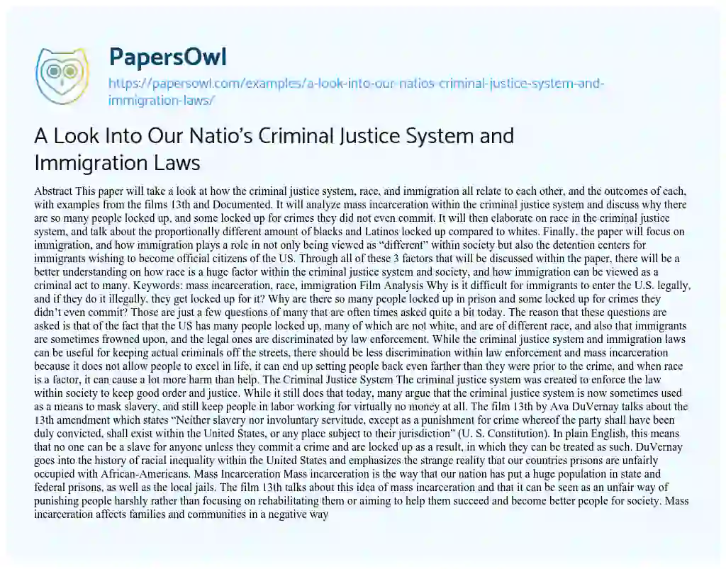 Essay on A Look into our Natio’s Criminal Justice System and Immigration Laws