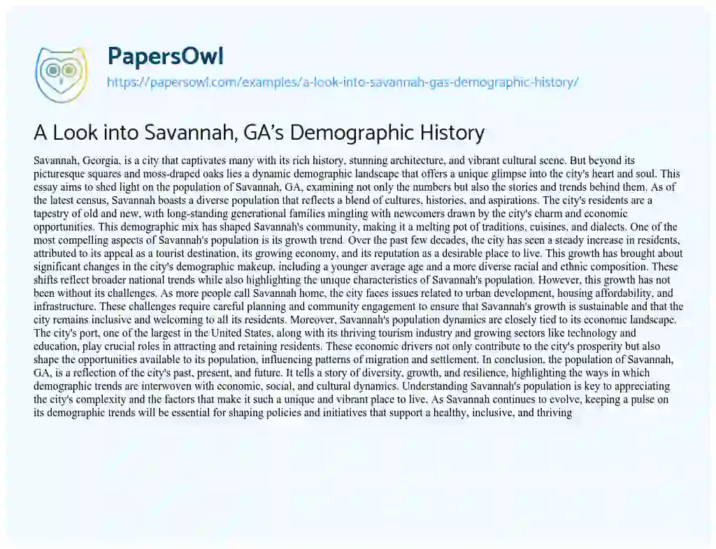 Essay on A Look into Savannah, GA’s Demographic History