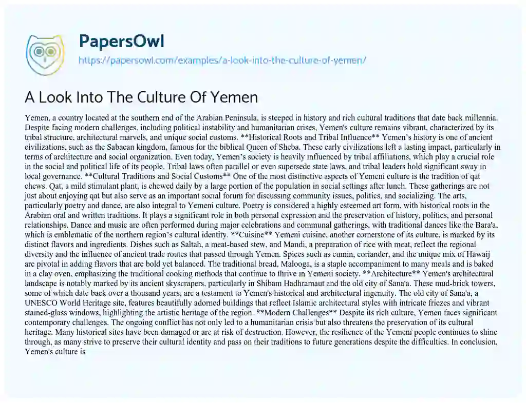 Essay on A Look into the Culture of Yemen