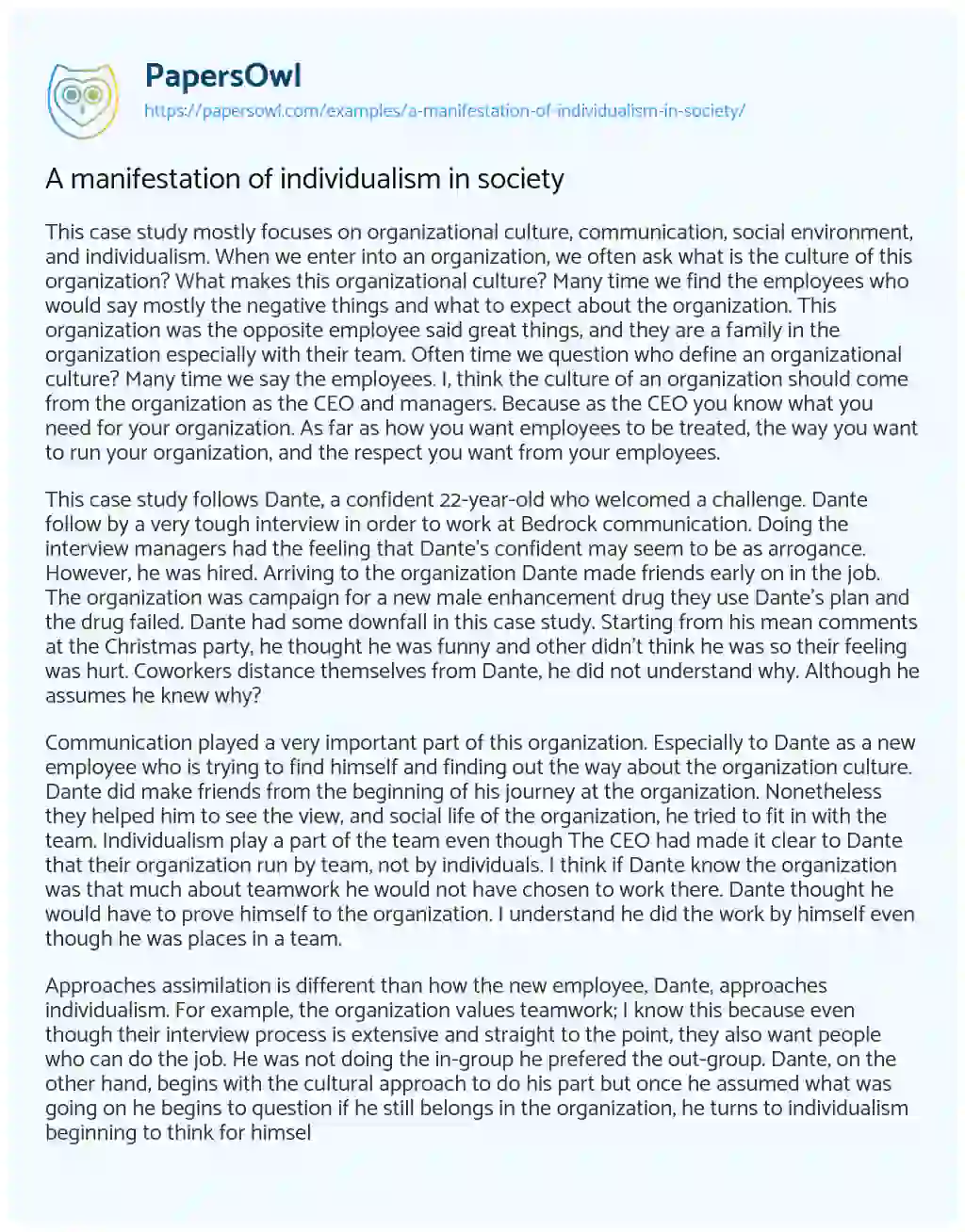 Essay on A Manifestation of Individualism in Society