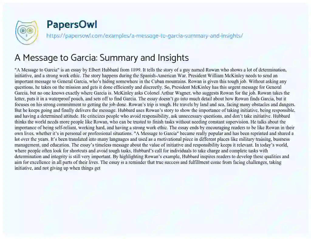 Essay on A Message to Garcia: Summary and Insights