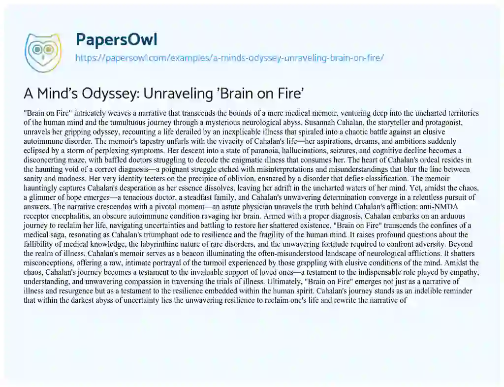 Essay on A Mind’s Odyssey: Unraveling ‘Brain on Fire’