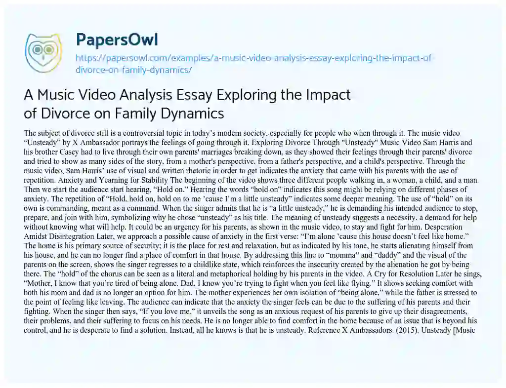 Essay on A Music Video Analysis Essay Exploring the Impact of Divorce on Family Dynamics